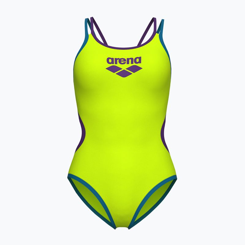Dámské jednodílné plavky arena One Double Cross Back One Piece artic lime/plum/blue cosmo