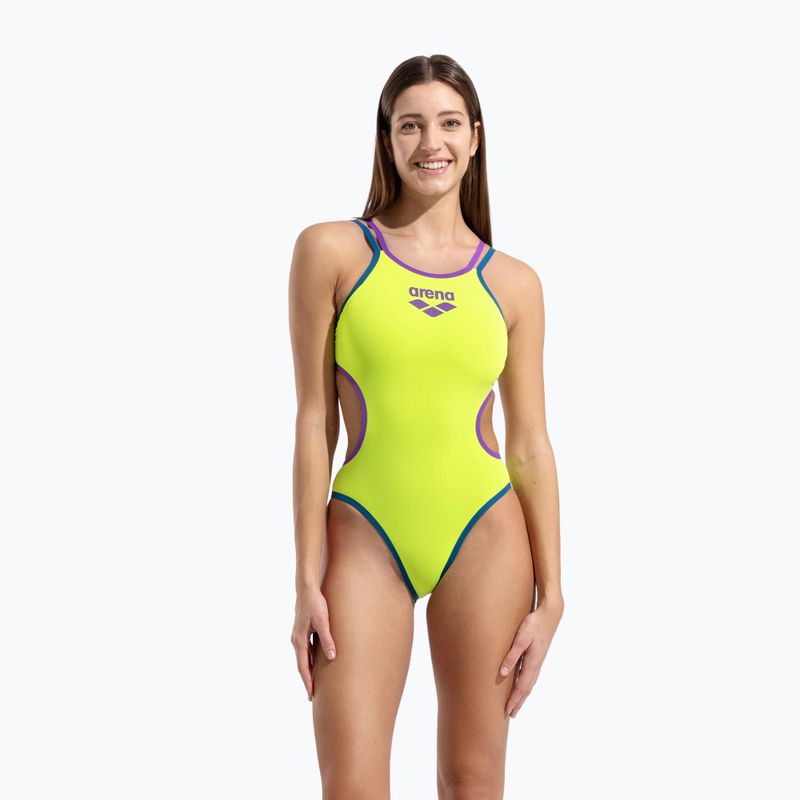 Dámské jednodílné plavky arena One Double Cross Back One Piece artic lime/plum/blue cosmo 5